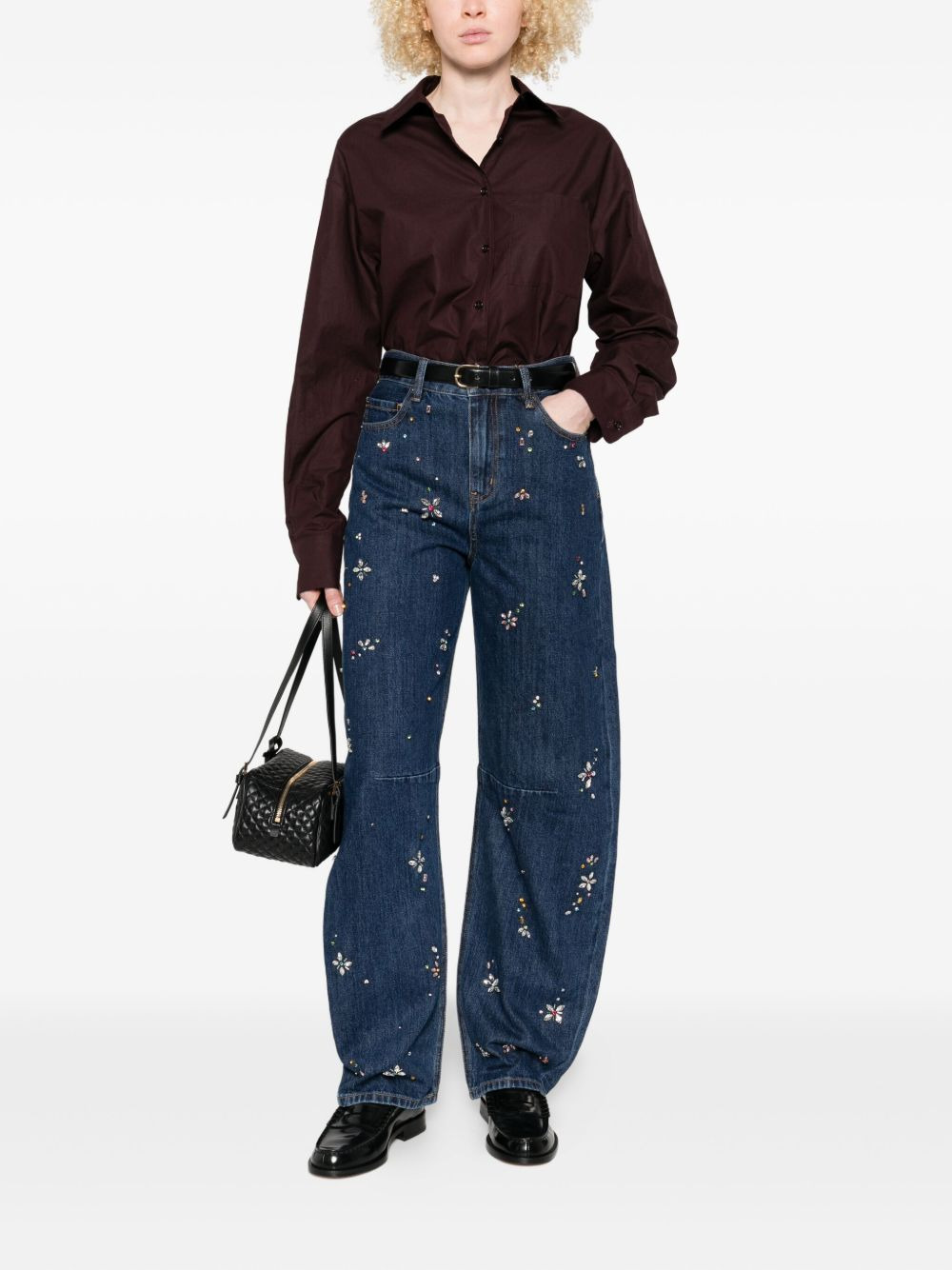 crystal-flower embellished jeans - 2
