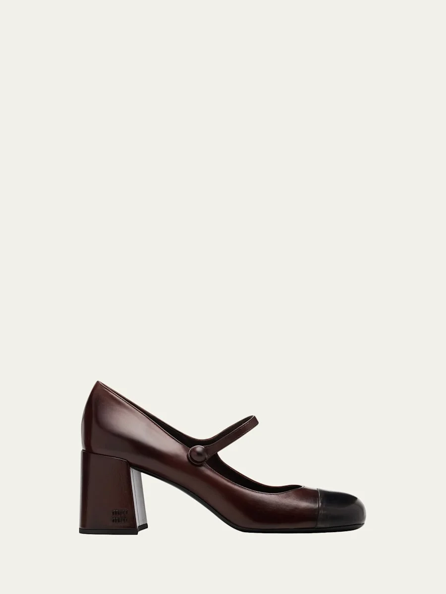 65mm Leather Cap-Toe Mary Jane Pumps - 1