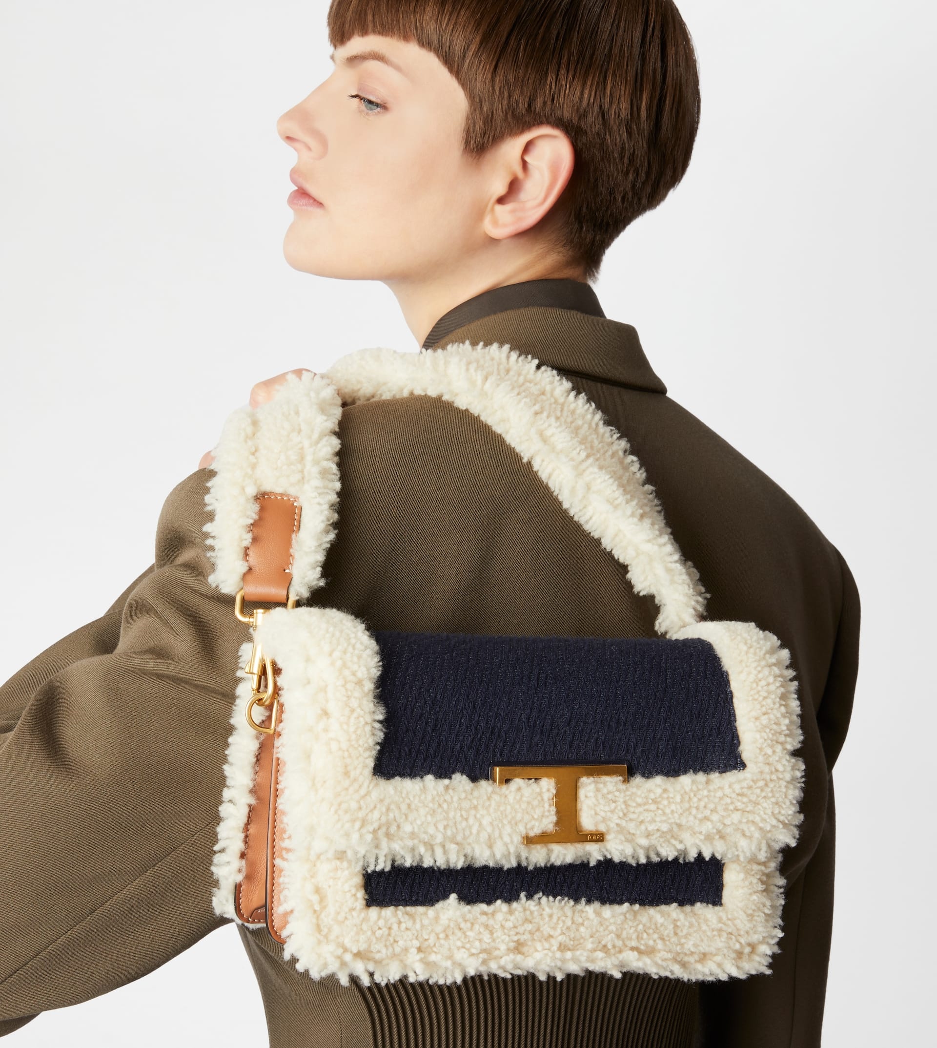 T TIMELESS SHOULDER BAG IN DENIM AND SHEEPSKIN MINI - OFF WHITE, BLUE - 2