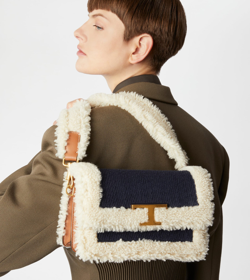 Tod's T TIMELESS SHOULDER BAG IN DENIM AND SHEEPSKIN MINI - OFF WHITE, BLUE outlook