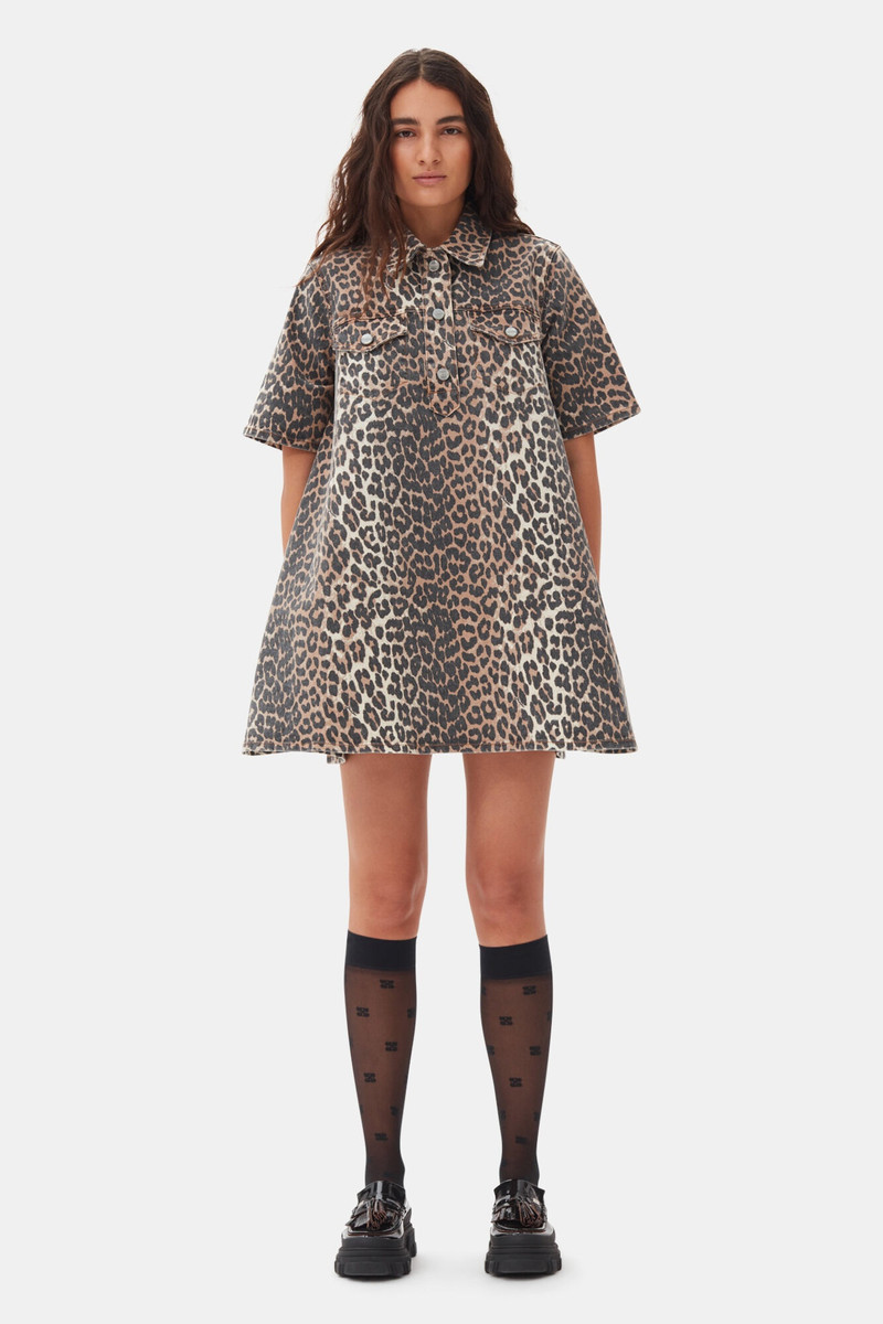 GANNI LEOPARD PRINTED DENIM MINI DRESS outlook