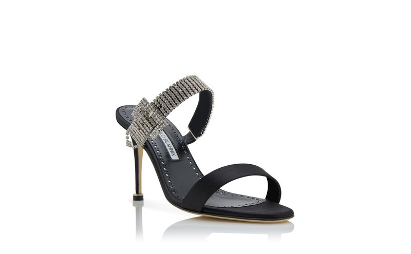 Black Satin Crystal Embellished Strap Mules 3