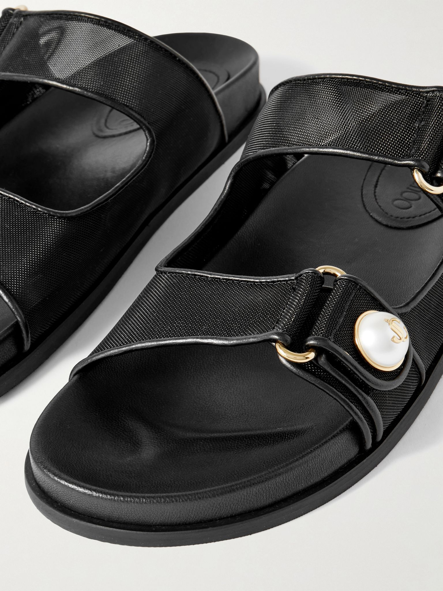 Fayence leather-trimmed faux pearl-embellished mesh slides Black - 4