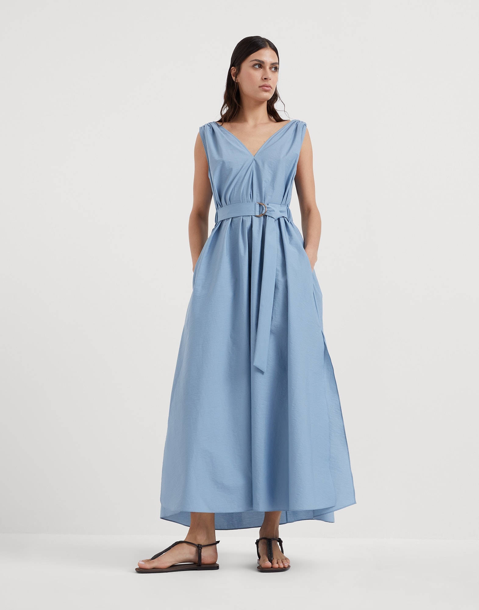 Techno cotton poplin belted dress with precious shoulder detail - 1