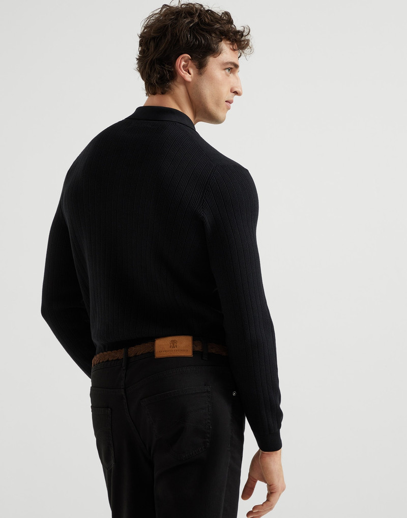 Brunello Cucinelli Cotton honeycomb stitch knit polo with long sleeves outlook