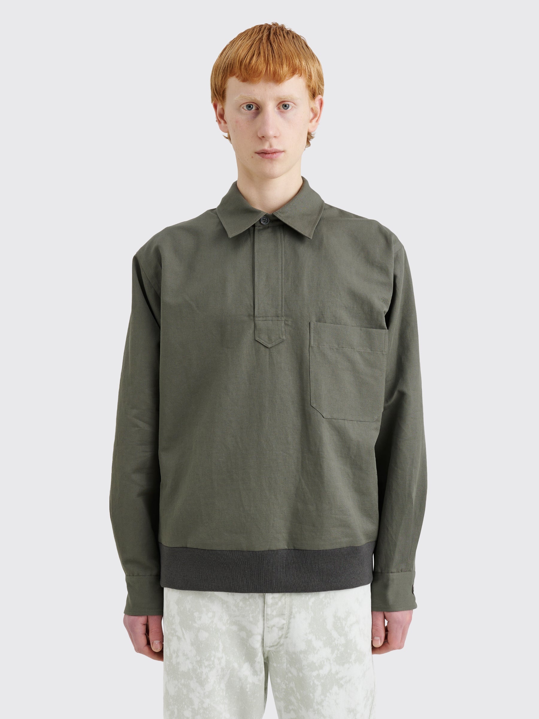 MARGARET HOWELL PULL OVER SHIRT LIGHT COTTON LINEN TWILL GREY GREEN - 1