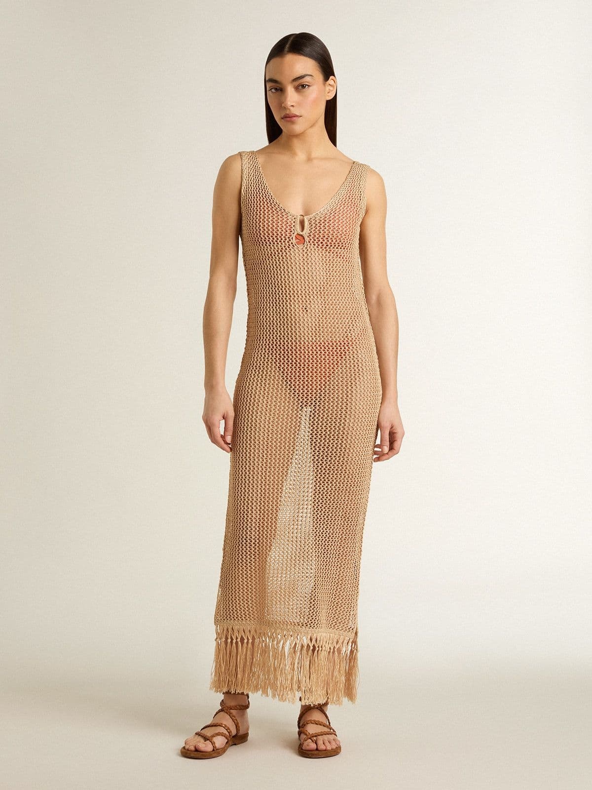 Women's sleeveless midi dress in beige crochet with fringes - 2