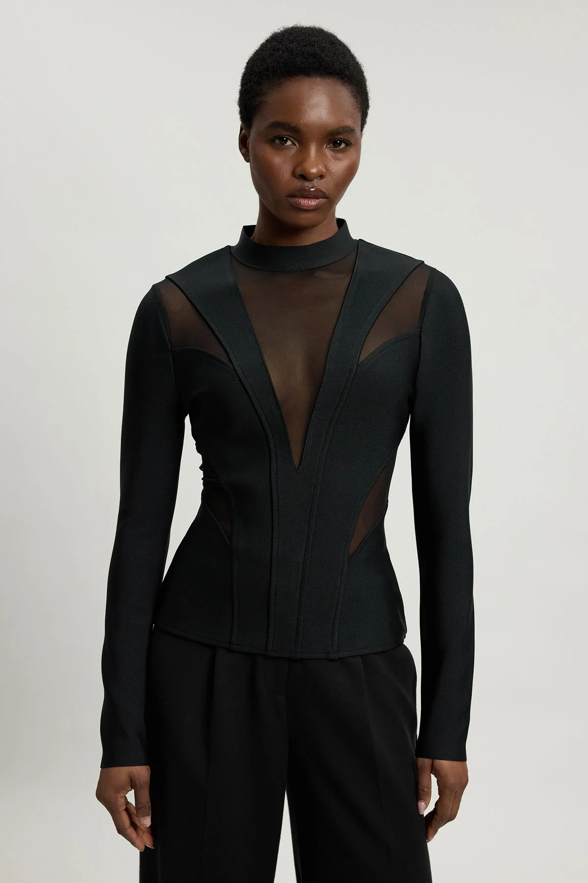 Figure Form Bandage Mesh Detail Knit Top - 1