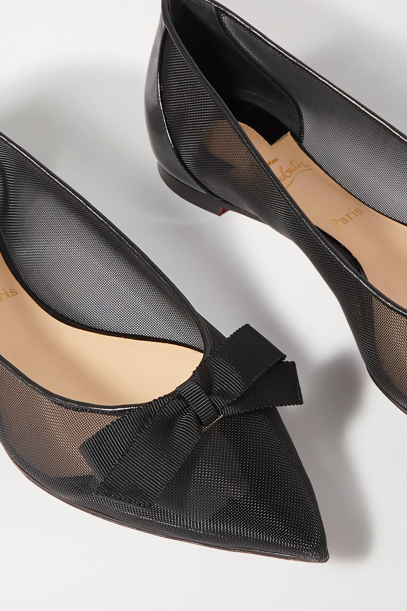 Follies bow-detailed mesh and patent-leather point-toe flats - 5