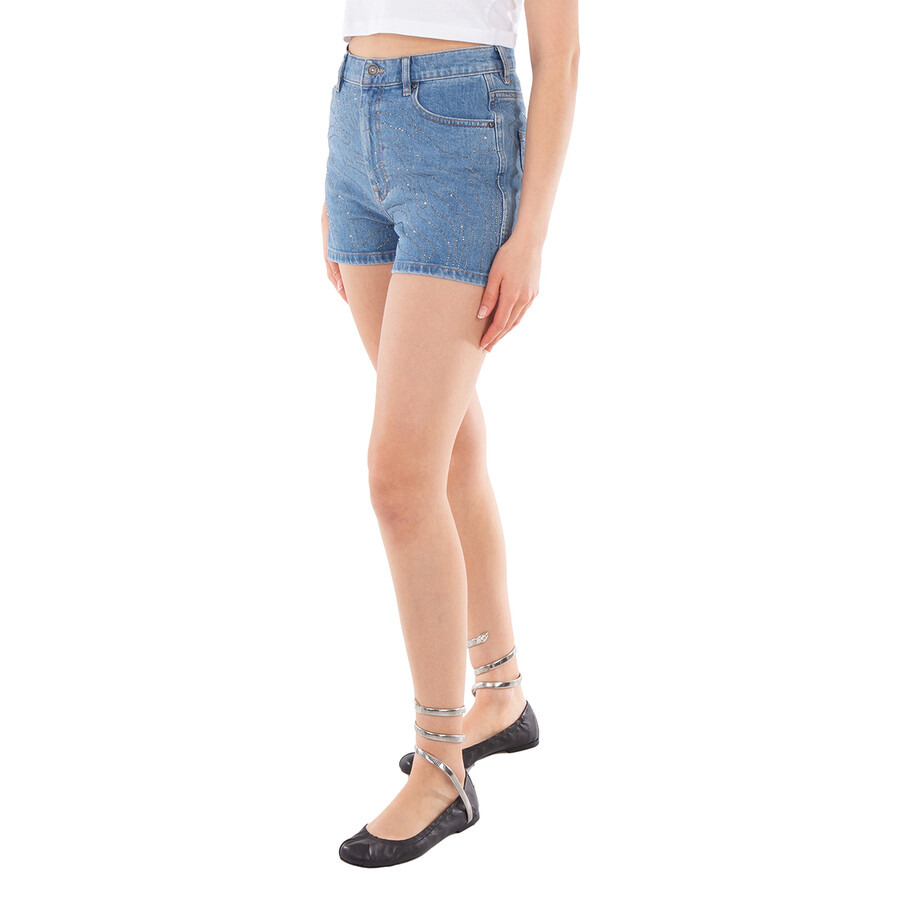 Rotate Ladies Light Blue Denim Rhinestone Denim Shorts - 3