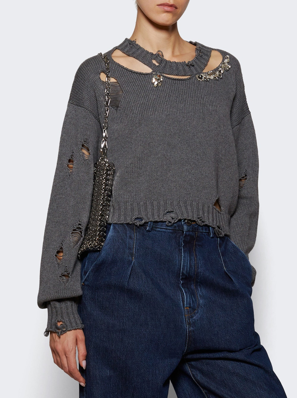 Distressed Crystal Crewneck Sweater Heathered Grey - 2