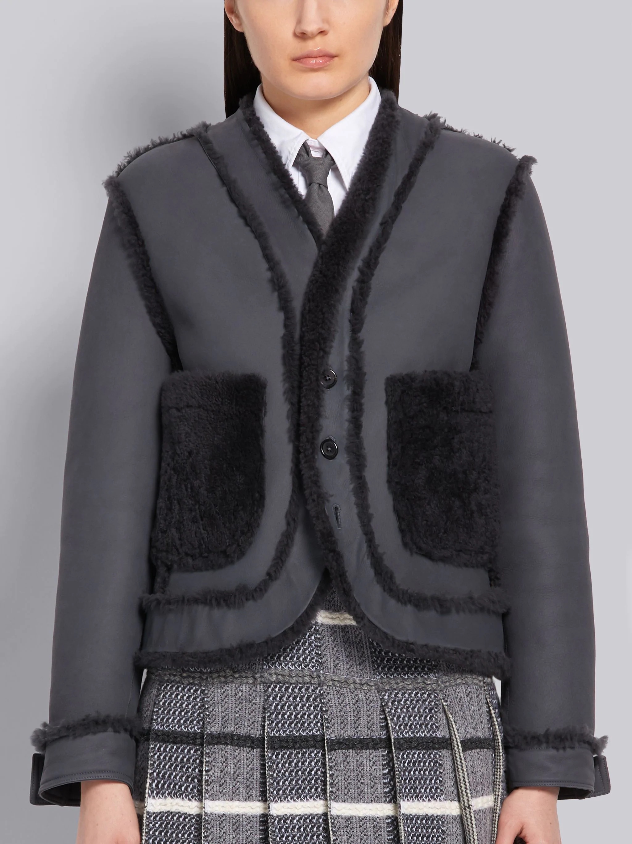 Dark Grey Shearling Reversible Dropped Shoulder Cardigan Jacket - 1