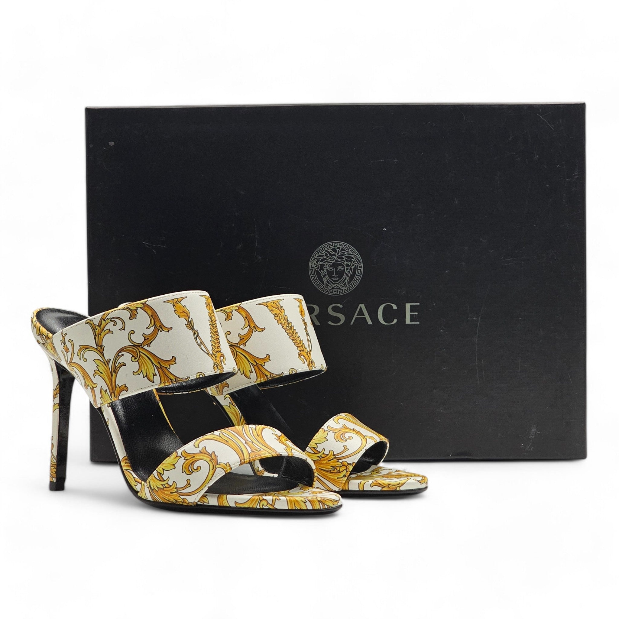Versace Baroque-Print Virtus V Stiletto Sandals  - Leather - White - 37 - 6