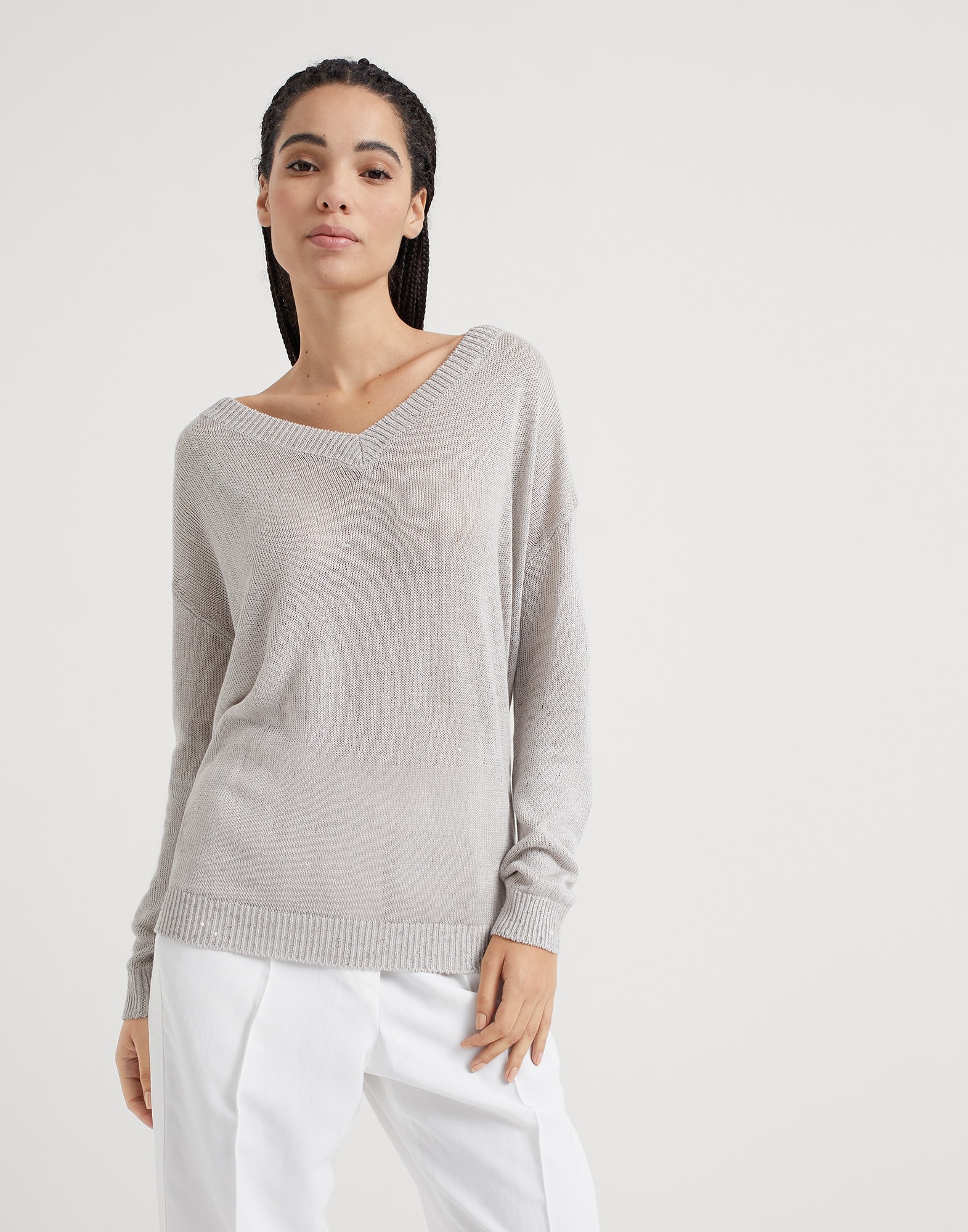 Linen and silk Diamond yarn sweater with monili - 1