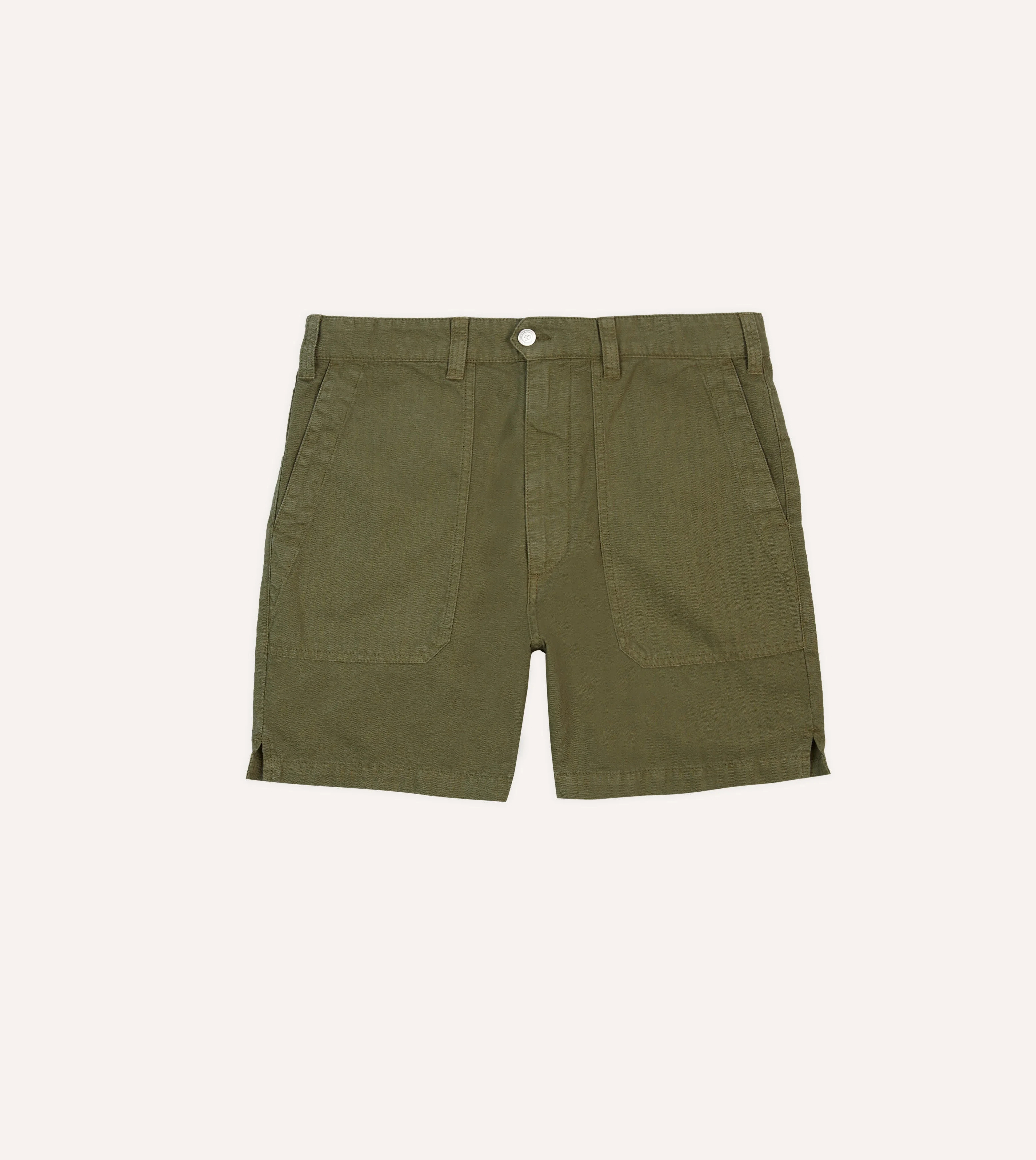 Olive Cotton-Linen Herringbone Fatigue Shorts - 1