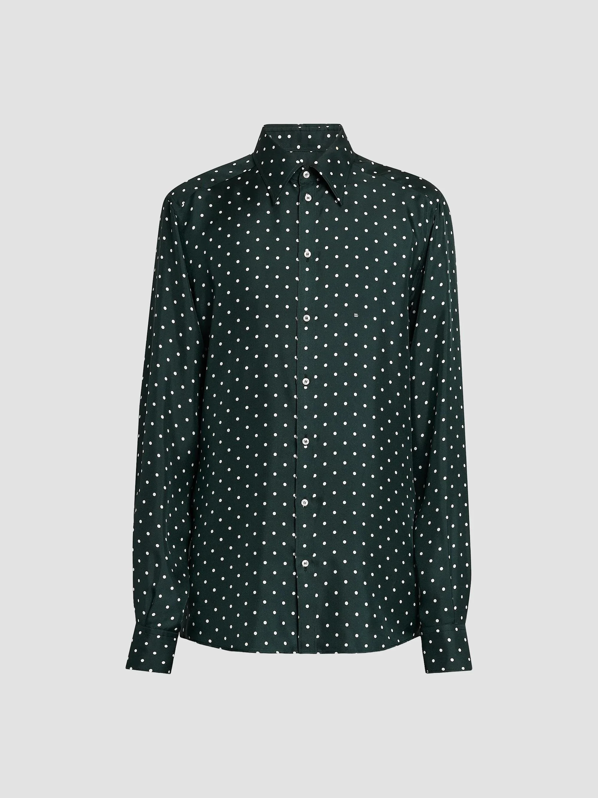 Men's Polka Dot Silk Button-Front Shirt - Pois Verde - 1