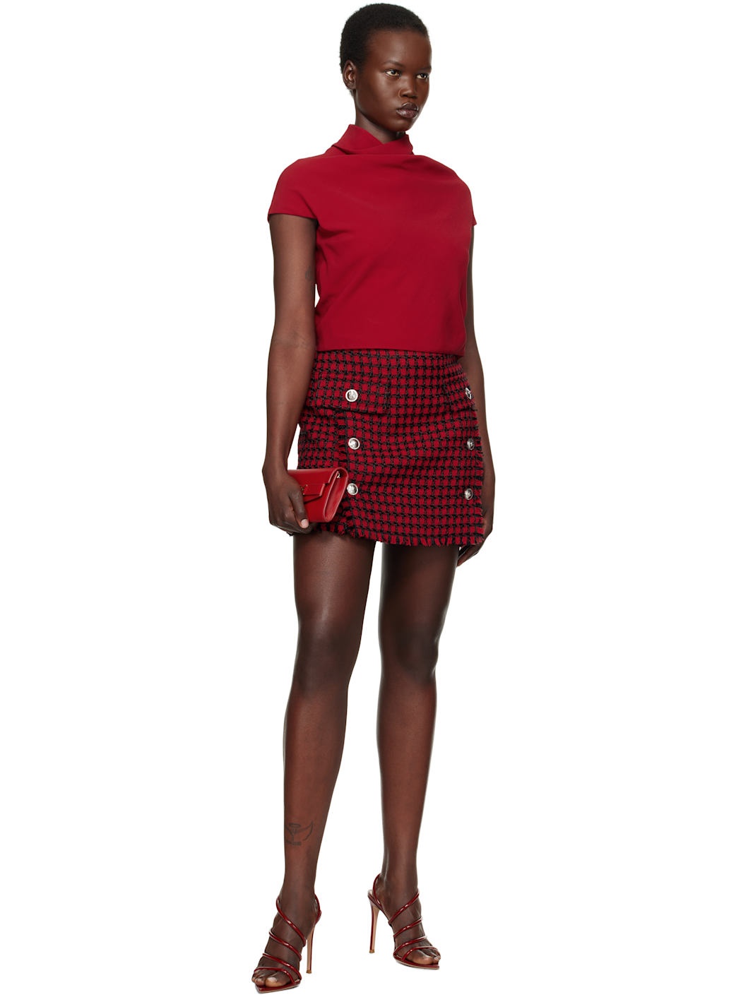 Red & Black Tweed Miniskirt - 4