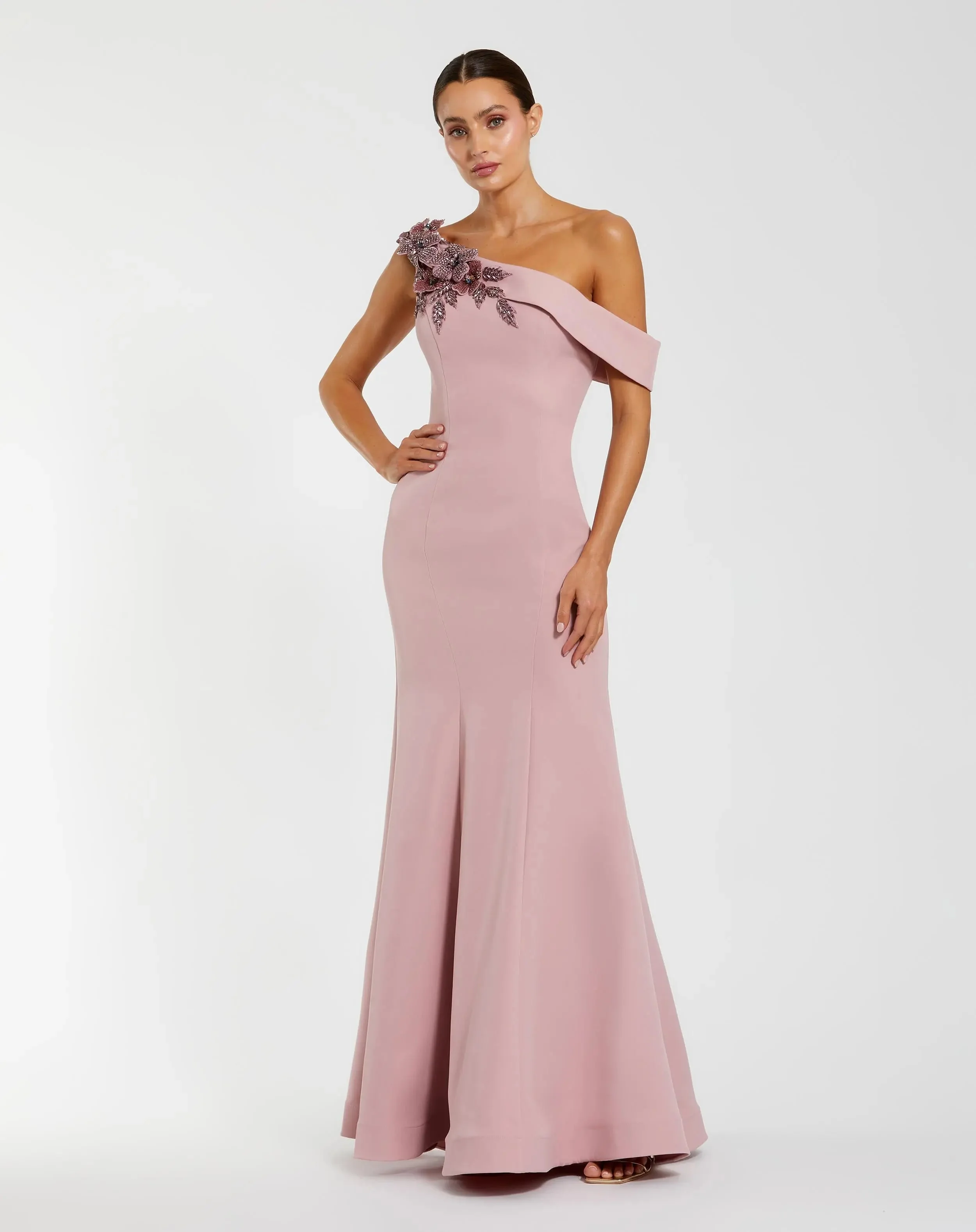 Rose One Shoulder Floral Appliqué Crepe Gown - 1