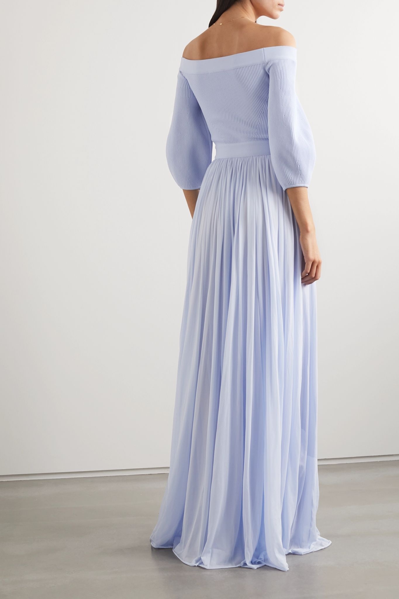 Off-the-shoulder ribbed-knit and crepe de chine gown - 4