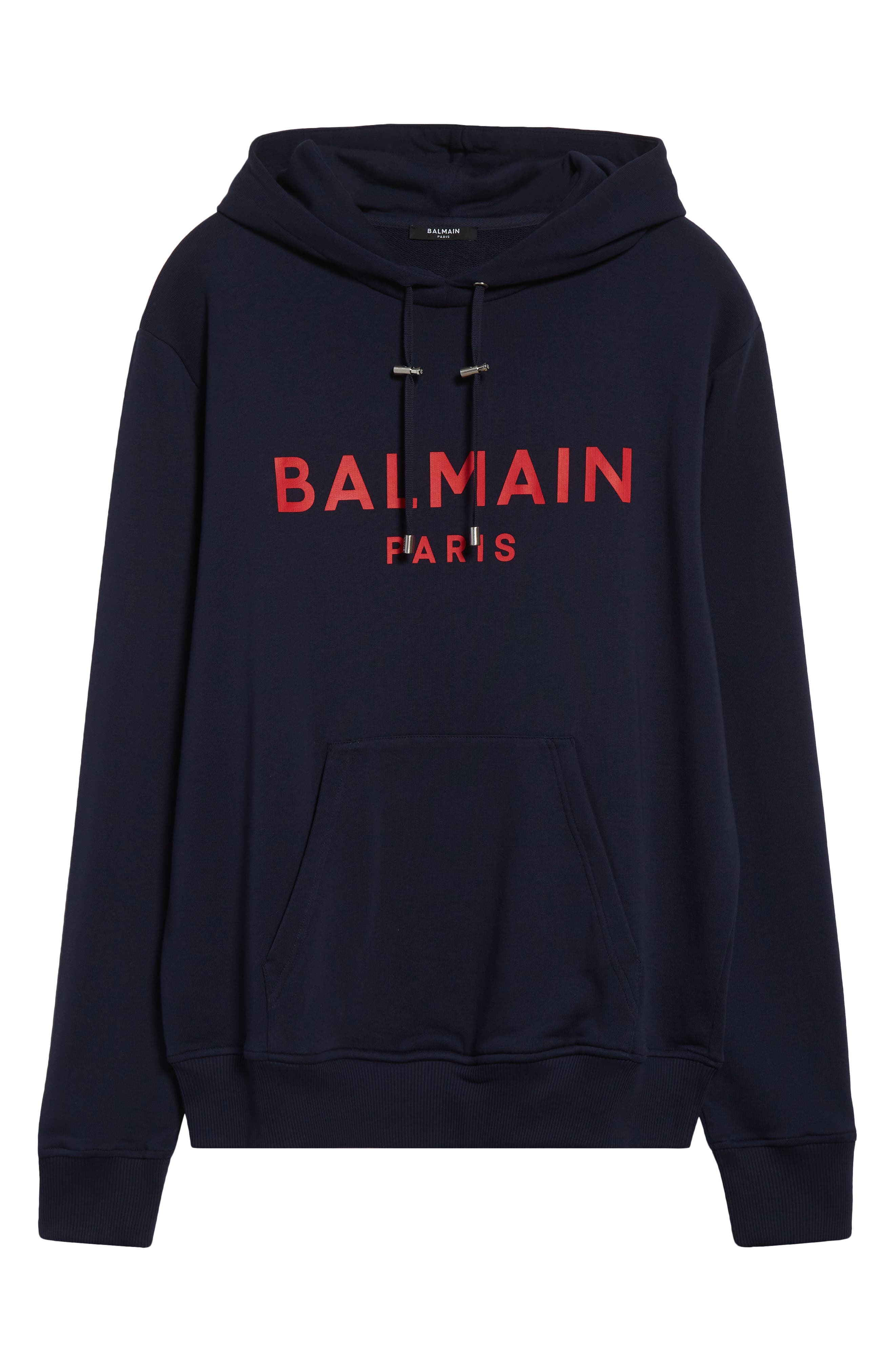 Balmain Logo Organic Cotton Graphic Hoodie in Soa Navy/Red at Nordstrom - 5