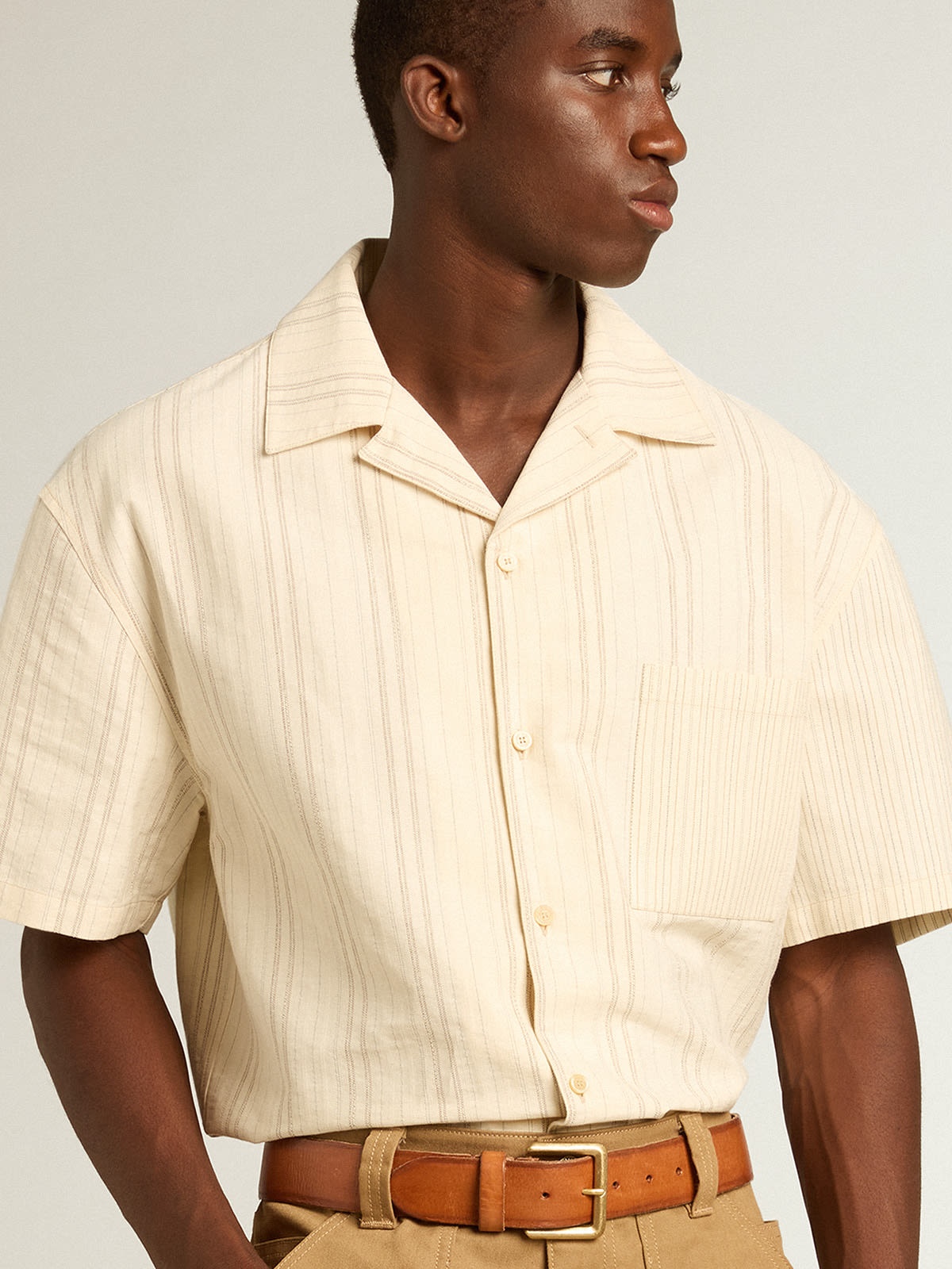 Men's short-sleeved shirt in ecru-colored cotton - 2