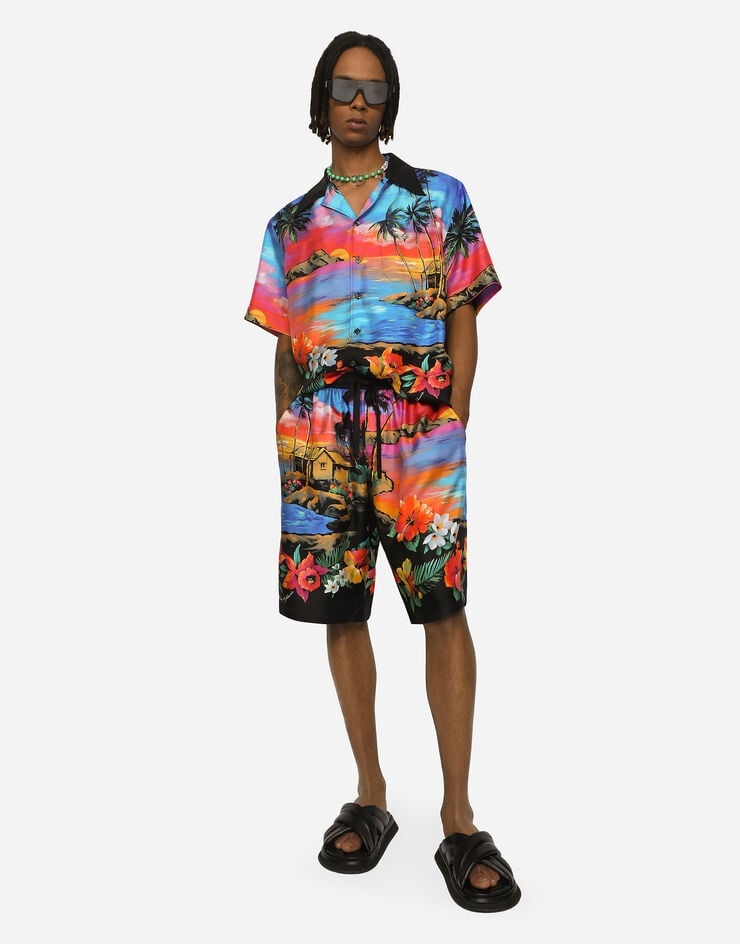 Silk twill jogging shorts with Hawaiian print - 5