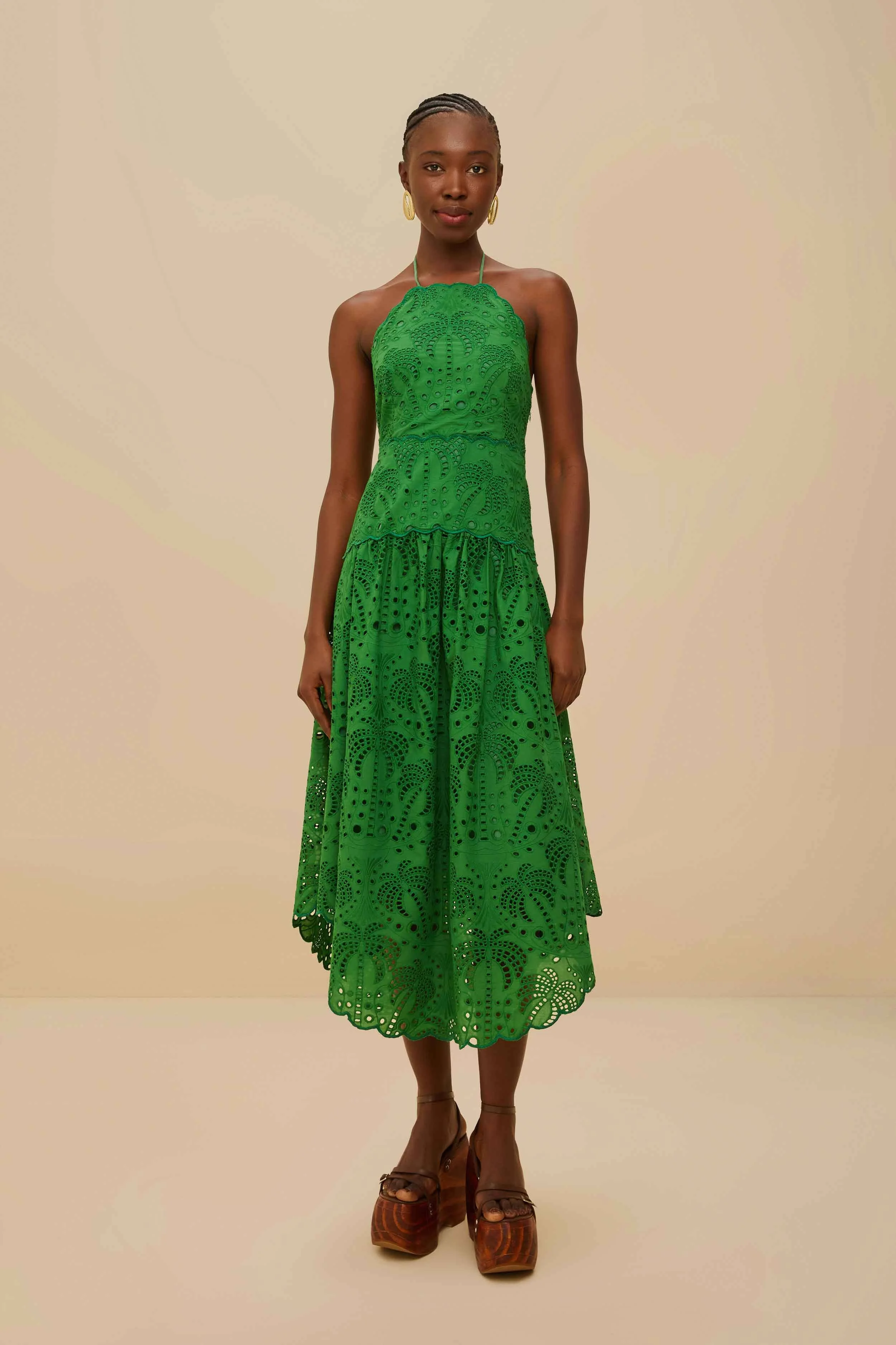 Green Palm Tree Eyelet Halter Neck Midi Dress - 1
