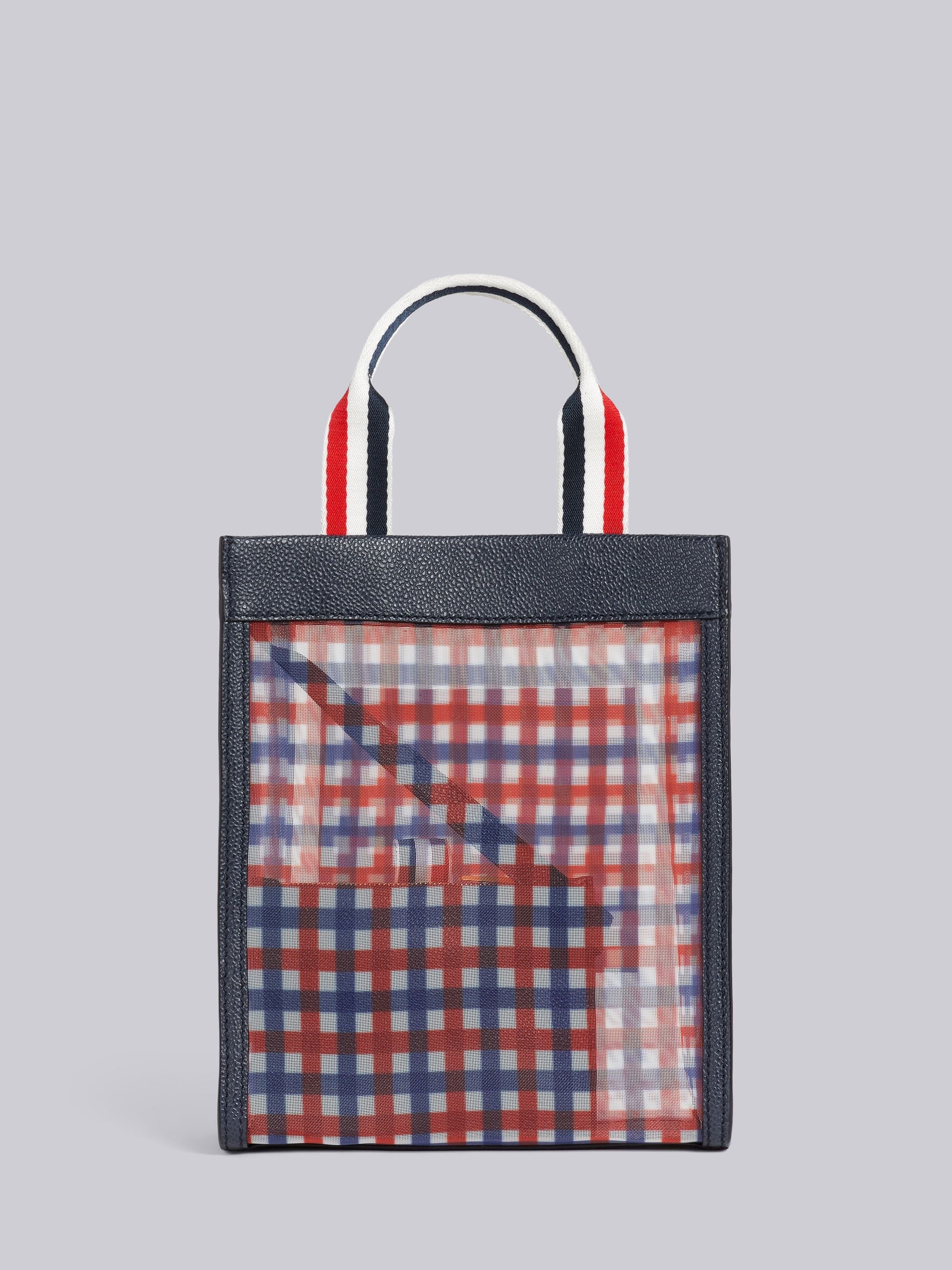 Multicolor Gingham Printed Mesh Paper Label Stripe Handle Small Tote - 4