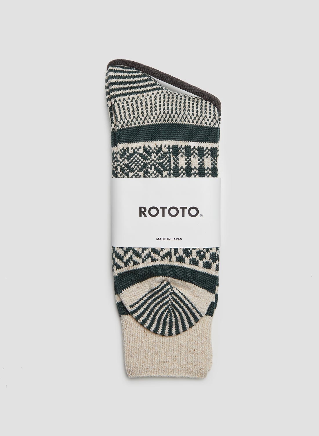Rototo Multi Jacquard Crew Sock in Ivory/Dark Green - 1