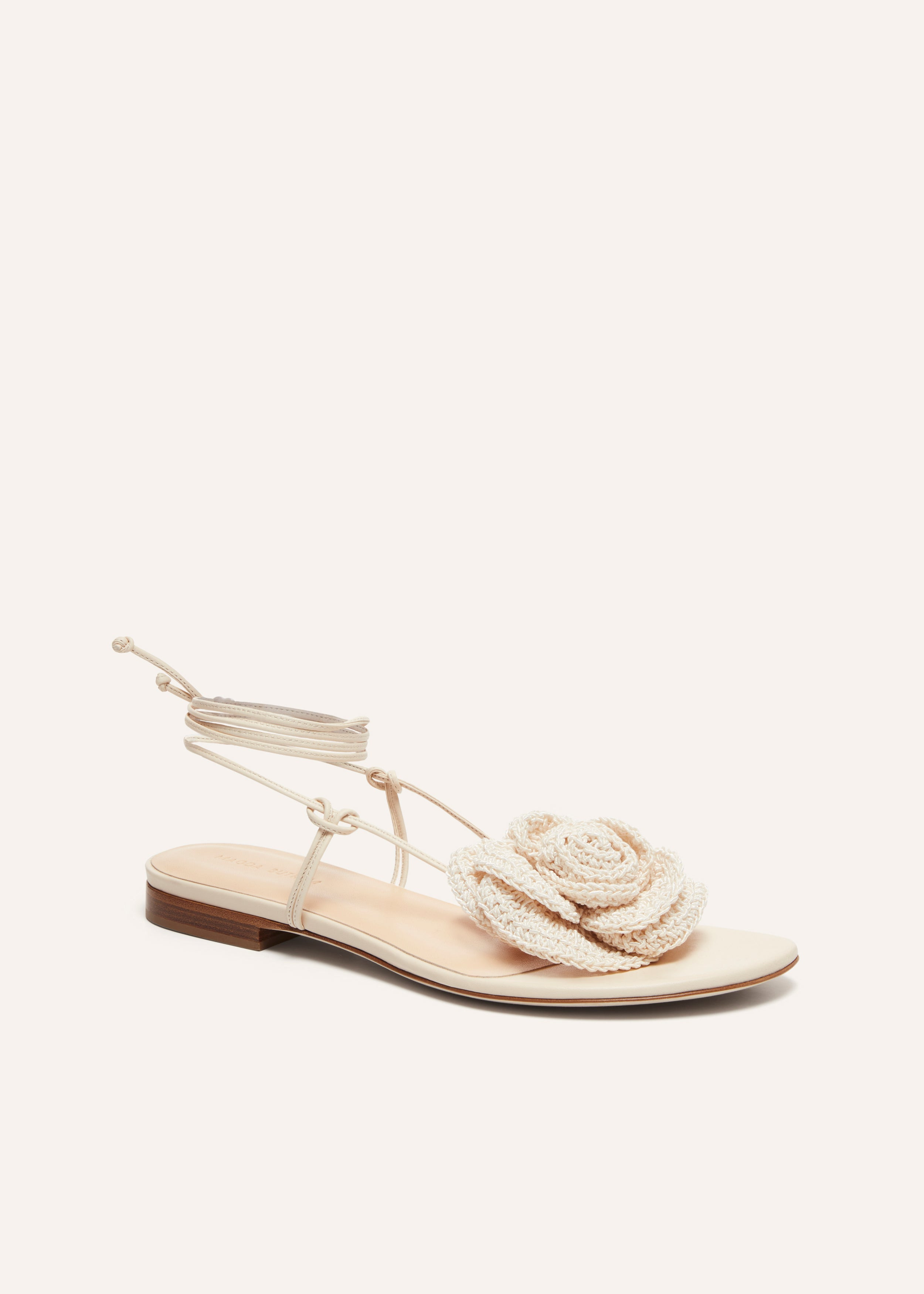 Wrap around flat flower sandals in cream crochet - 2