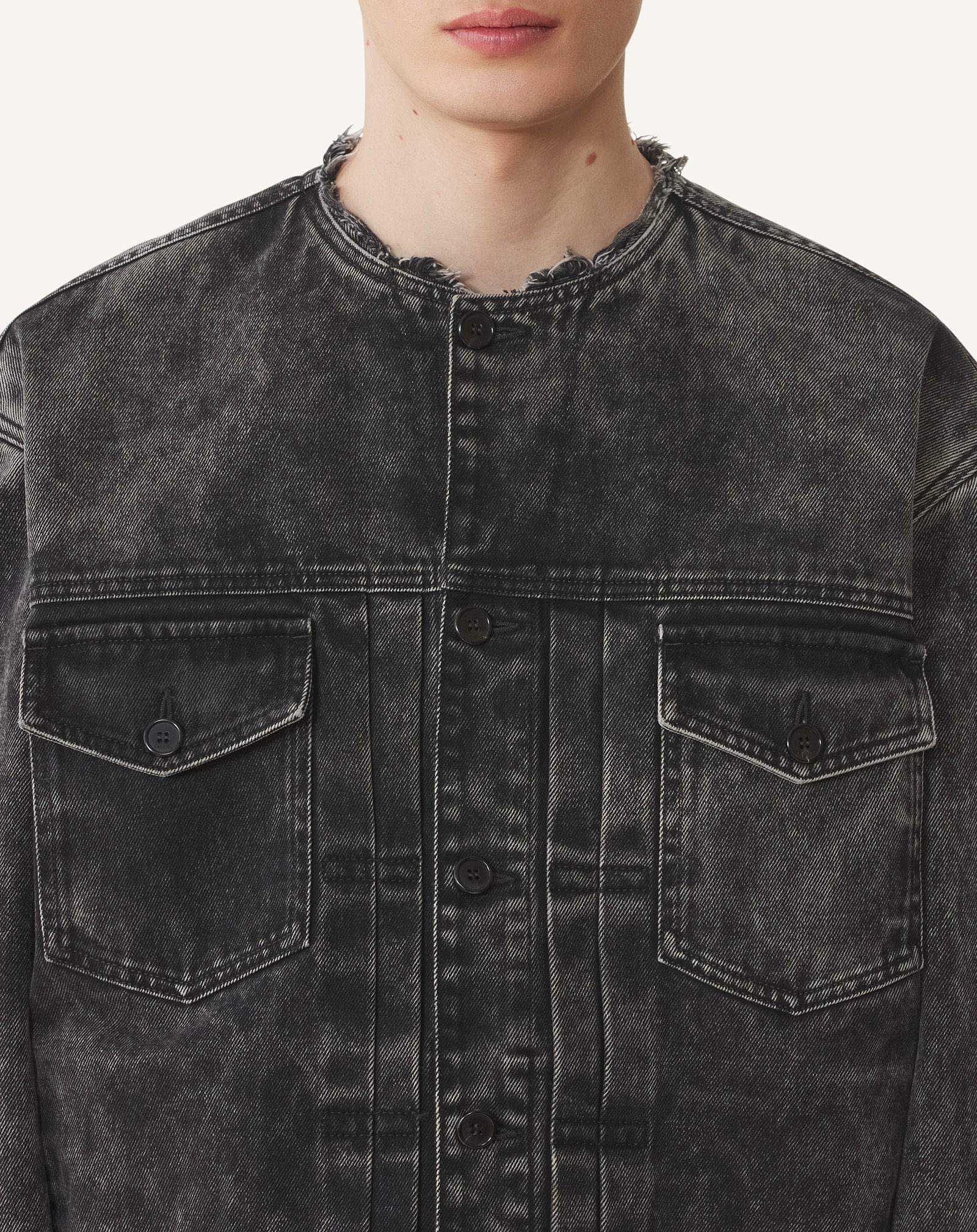 COLLARLESS DENIM JACKET - 5