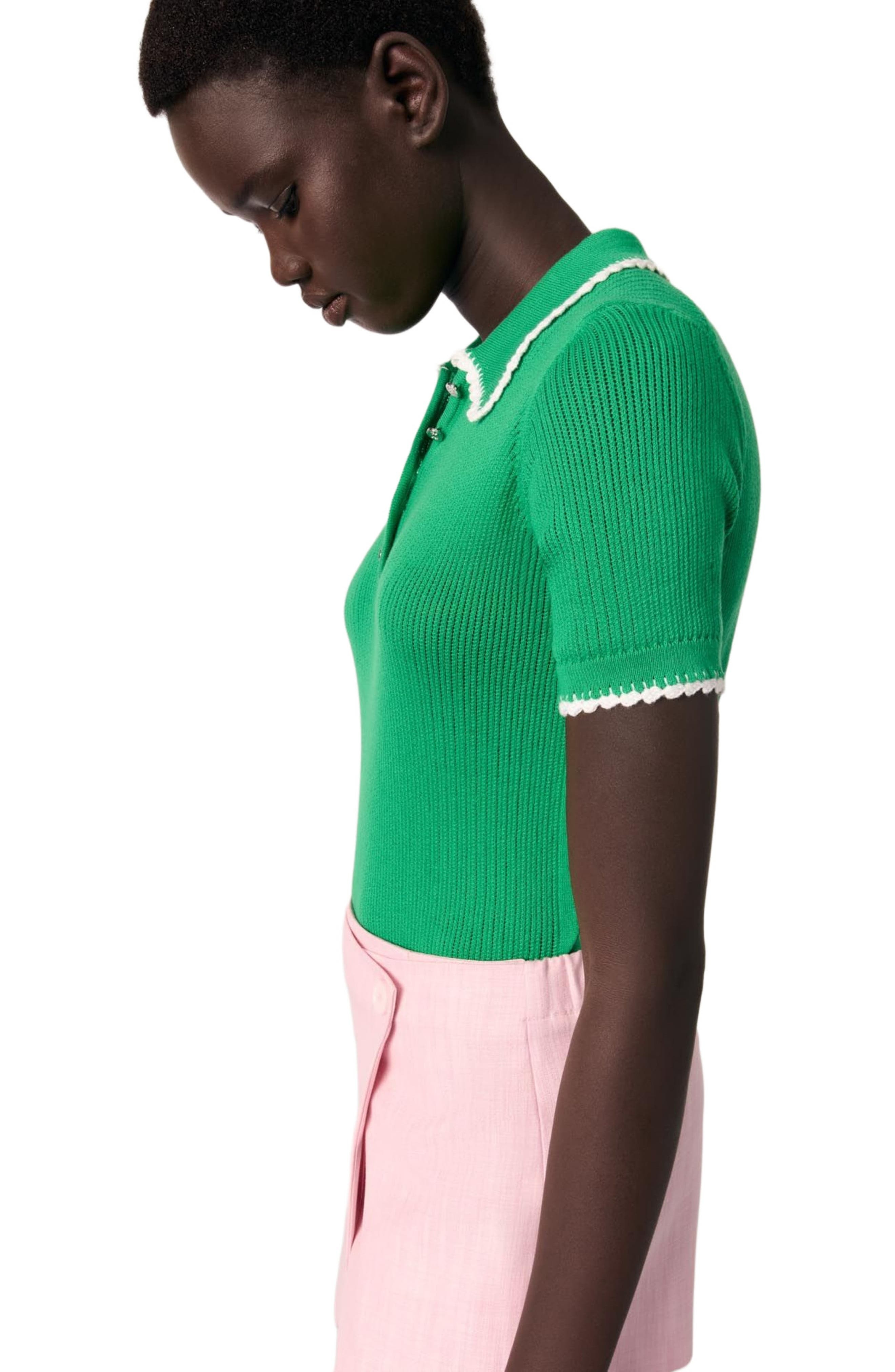 maje Pointelle knit crochet polo in Green /White at Nordstrom - 5