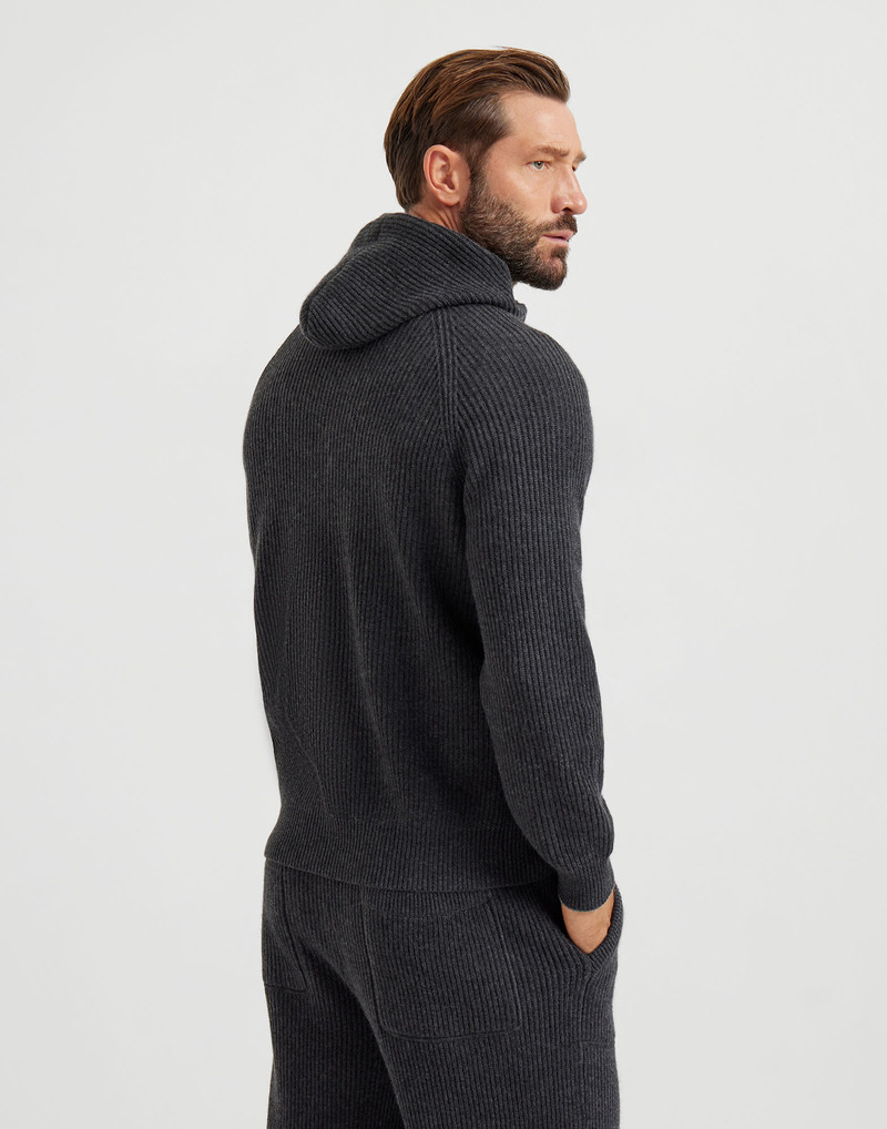 Brunello Cucinelli Cashmere English rib knit hooded sweatshirt with logo and zipper outlook