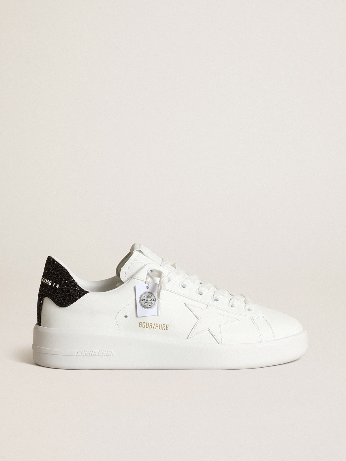 Purestar sneakers in white leather with tone-on-tone star and heel tab in black Swarovski crystals - 1