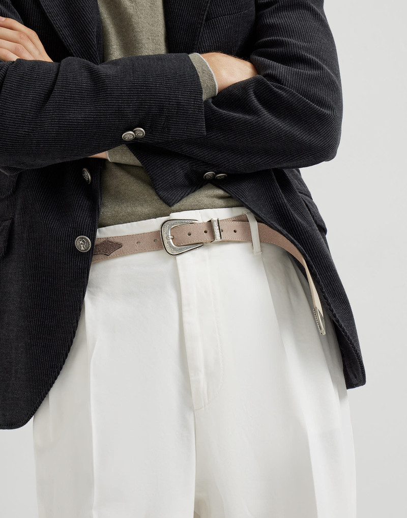 Two-tone reversed calfskin belt with detailed buckle and tip 3