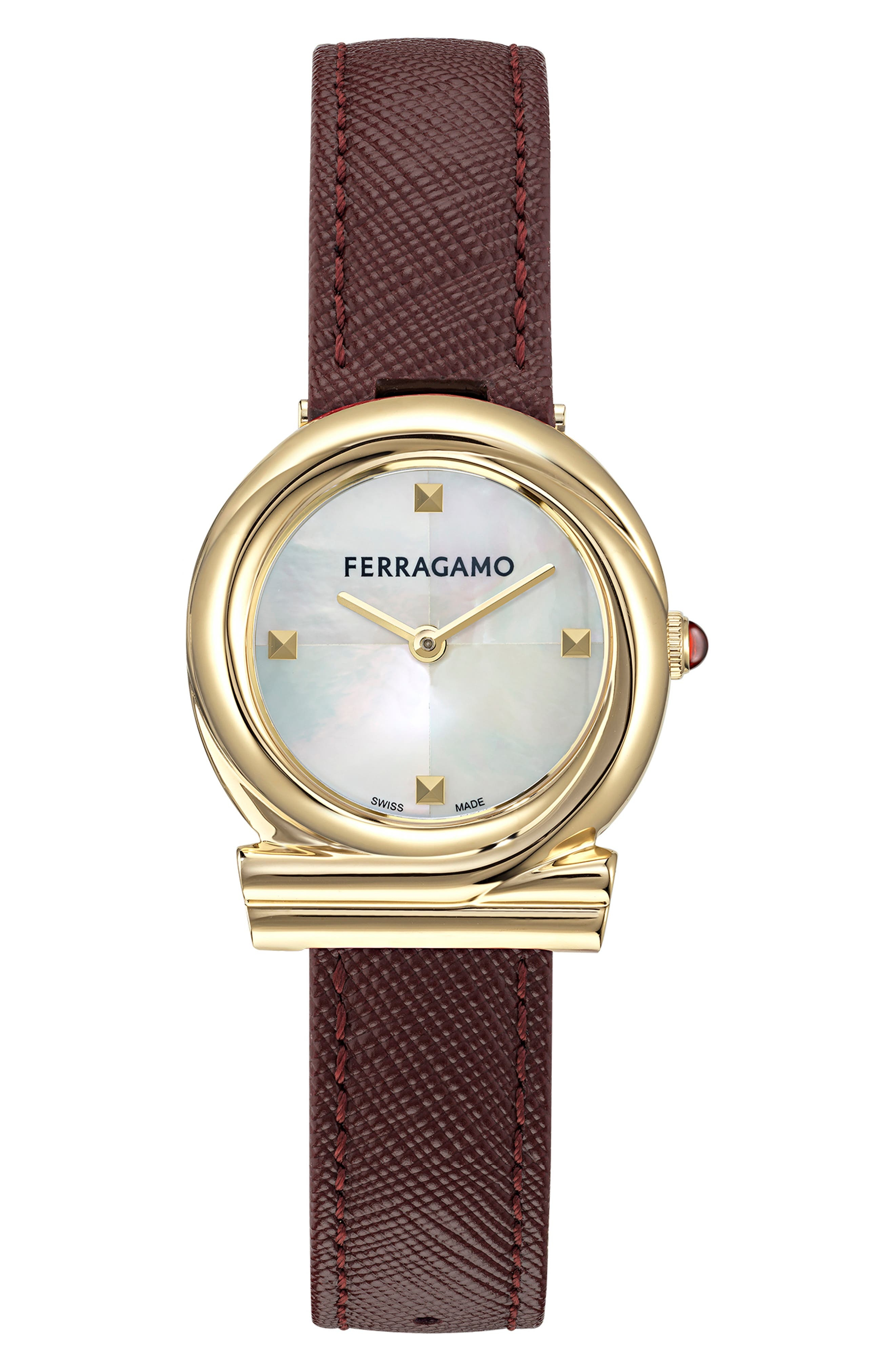 FERRAGAMO Gancini Twisted Leather Strap Watch, 28mm in Ip Yellow Gold at Nordstrom - 1