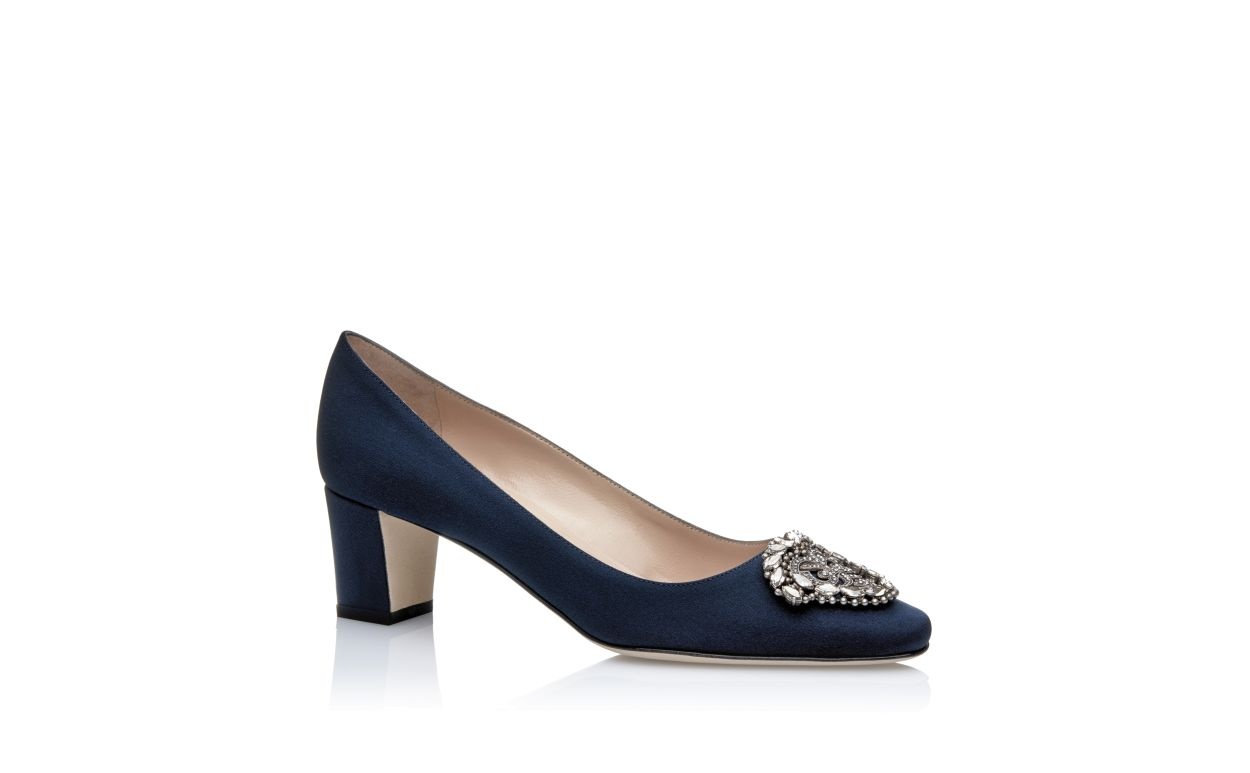 Navy Crêpe De Chine Jewel Buckle Pumps - 3