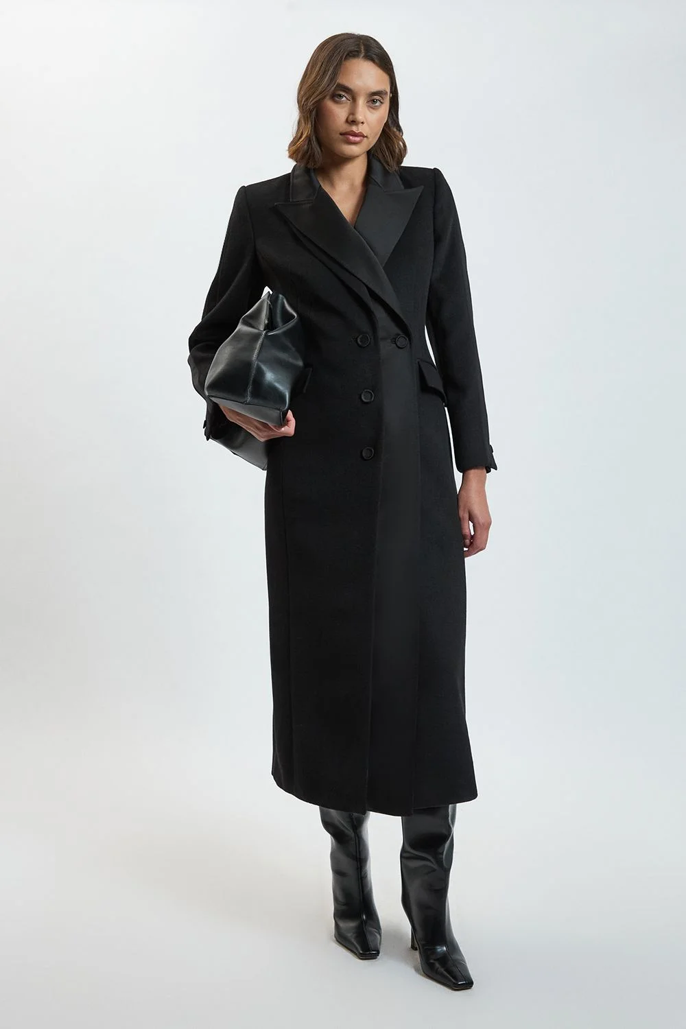 Brushed Wool Blend Satin Mix Midi Coat - 1
