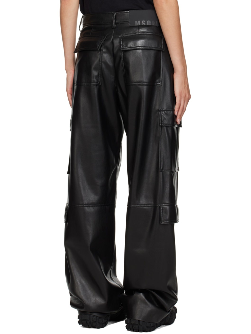 Black Cargo Pockets Faux-Leather Trousers - 3