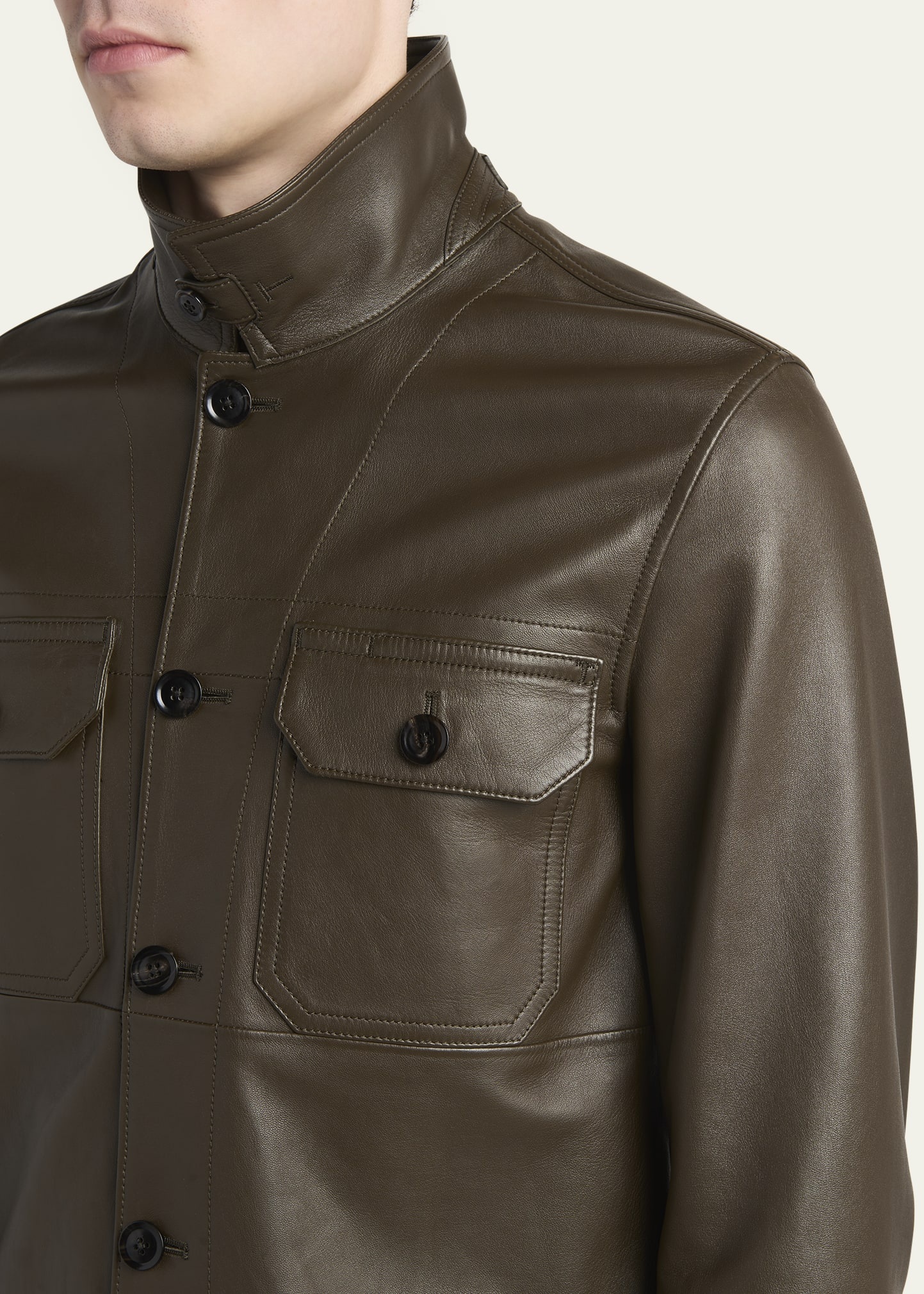 Men's Smooth Leather Double Pocket Overshirt - 5