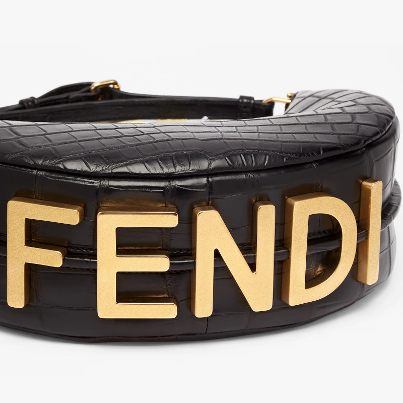 FENDI Small hobo bag made of exquisite black matte crocodile leather, with vintage gold metal FENDI letter outlook