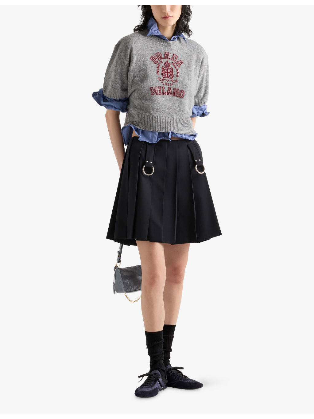 Pleated Gabardine Ring-Hardware Wool Mini Skirt - 2