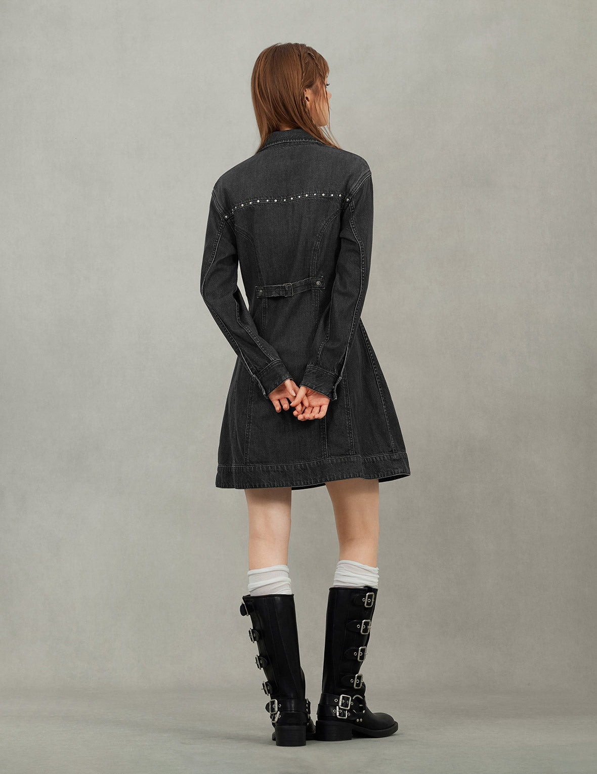 Seagull Embroidery with Studs Fashion Fit Denim Zipper Dress - 8
