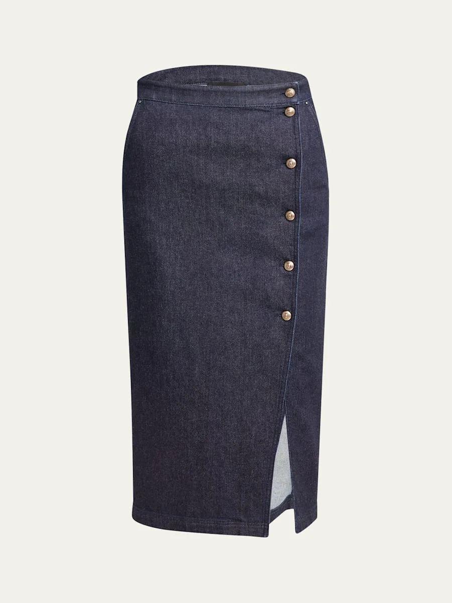 Cotton-Cashmere Denim Button Midi Skirt - 1