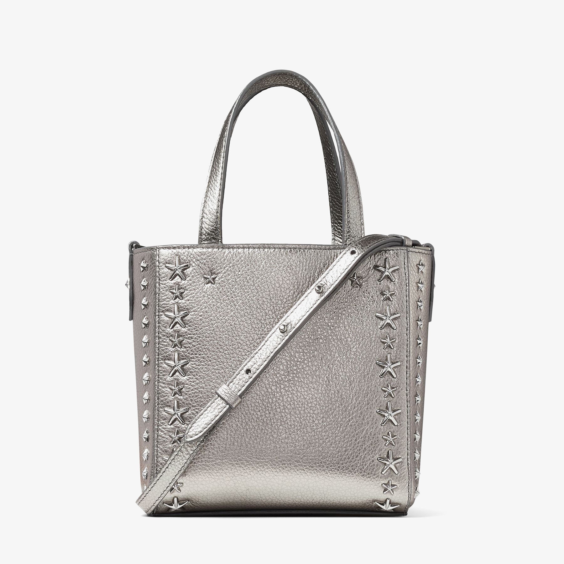 Mini Pegasi
Gunmetal Metallic Soft Grainy Calf Leather Mini Tote Bag with Stars - 5