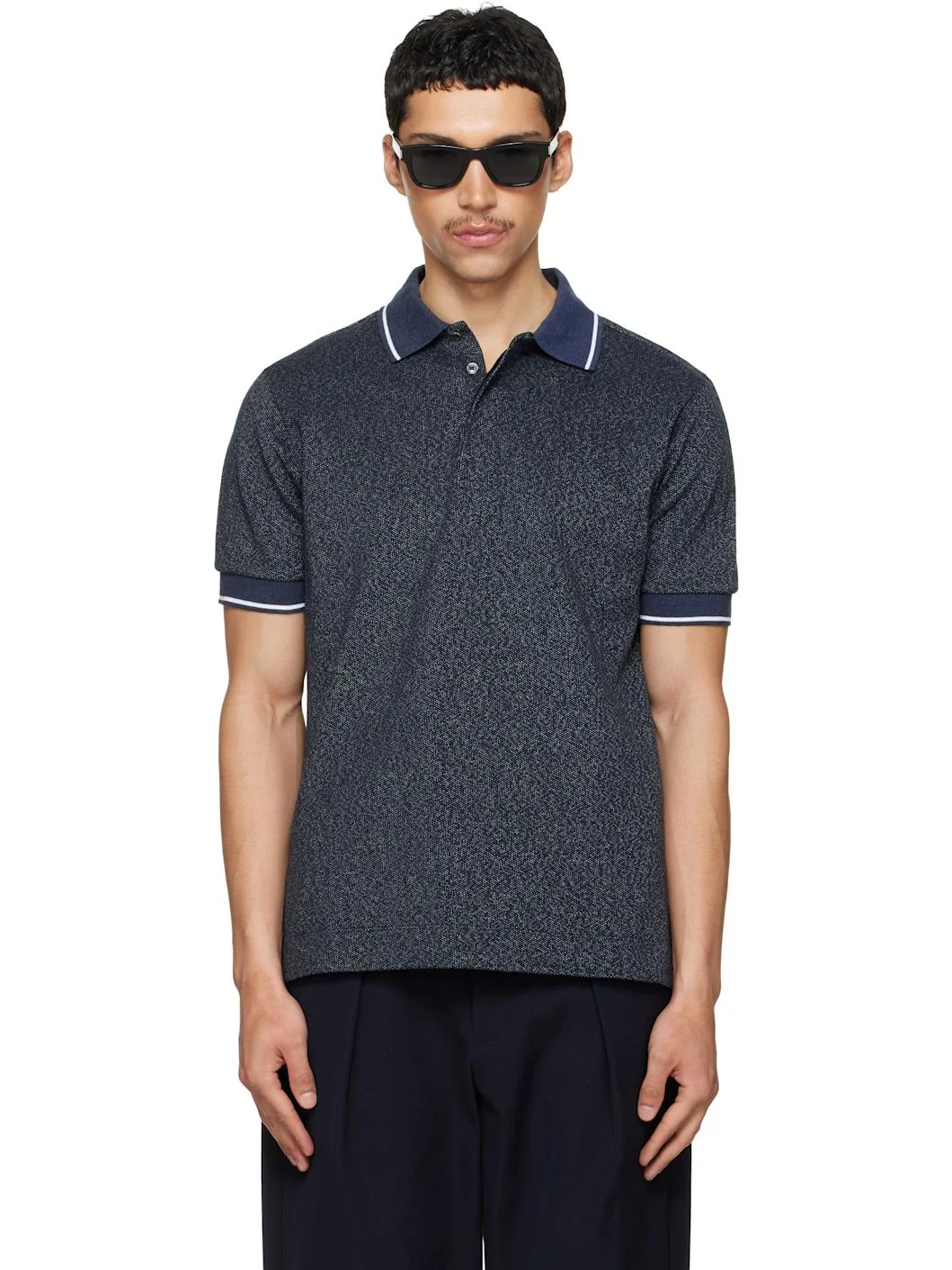 Navy Textured Pique Polo - 1