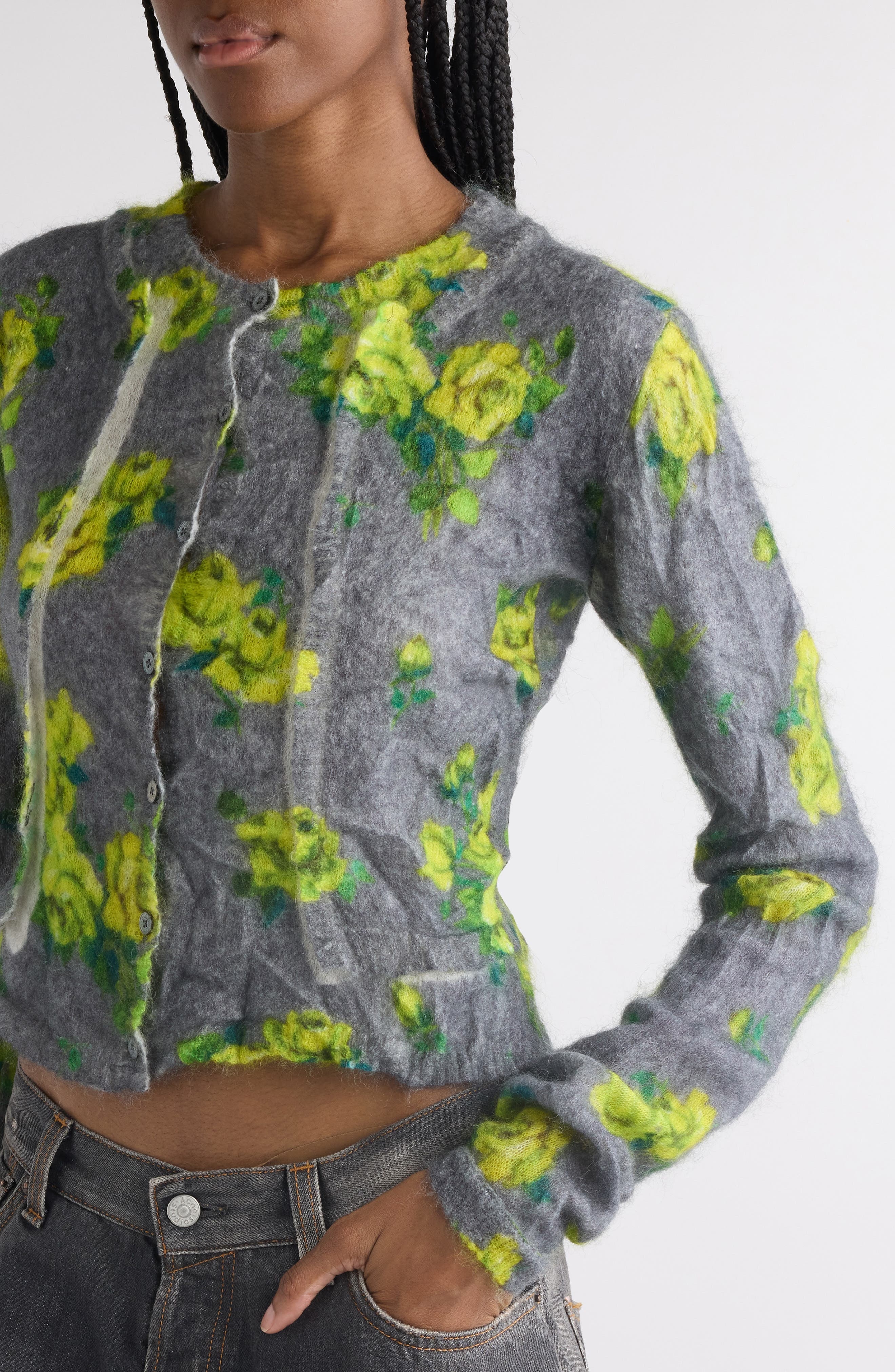 Acne Studios Kahoo Print Overwashed Mohair Blend Cardigan in Grey/Multi at Nordstrom - 5