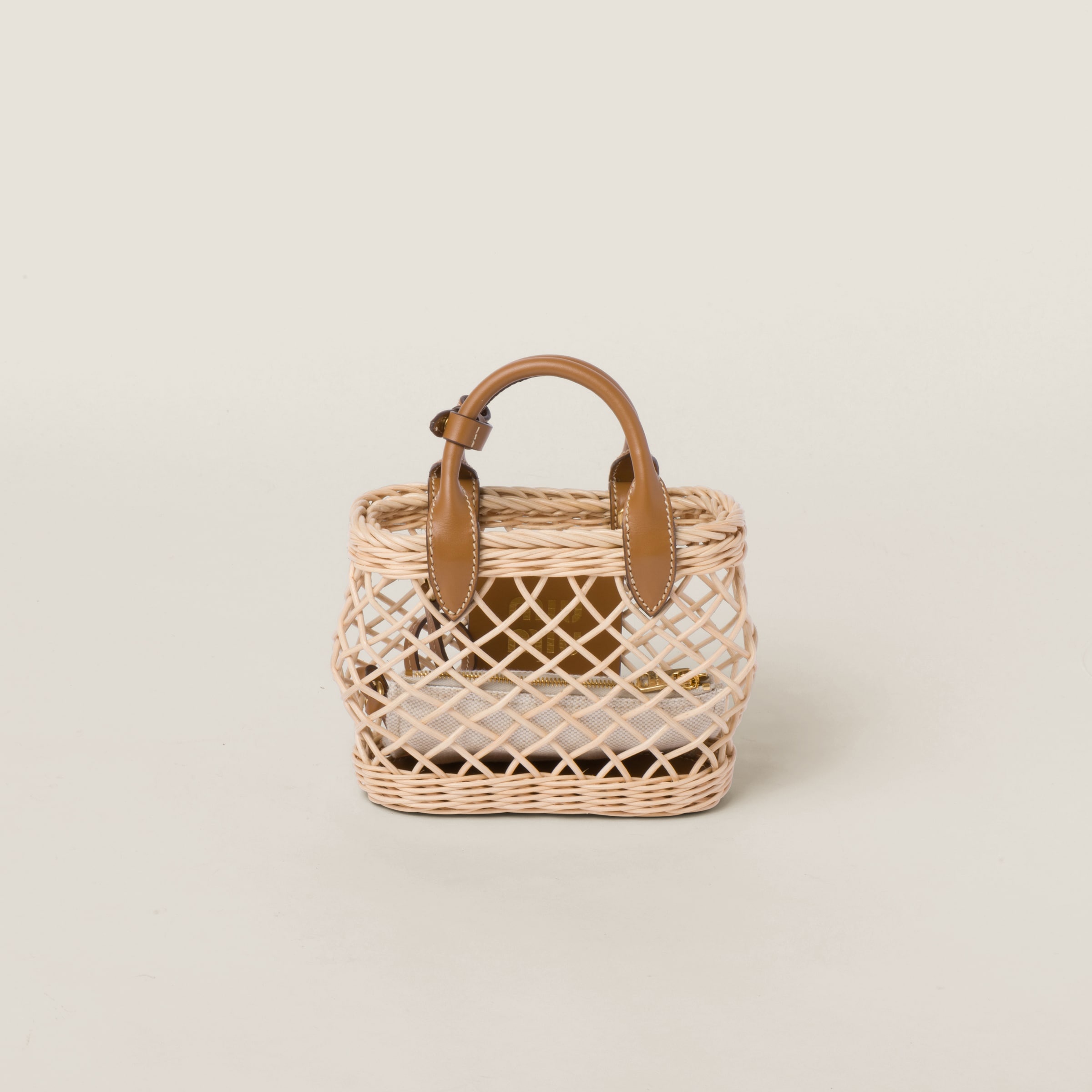 Woven fabric handbag with leather trim - 3