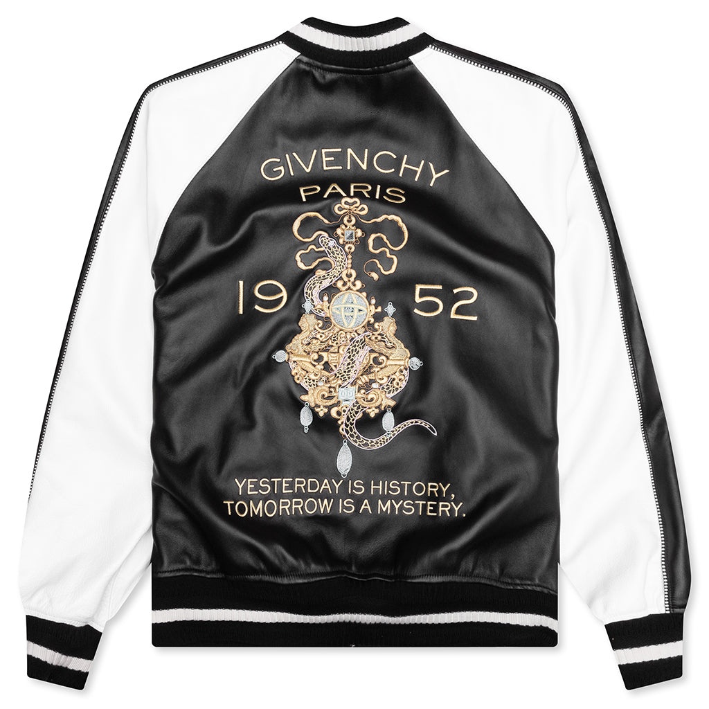 NAPPA LEATHER VARSITY JACKET WITH CHANDELIER AND SNAKE EMBROIDERIES - BLACK/WHITE - 2