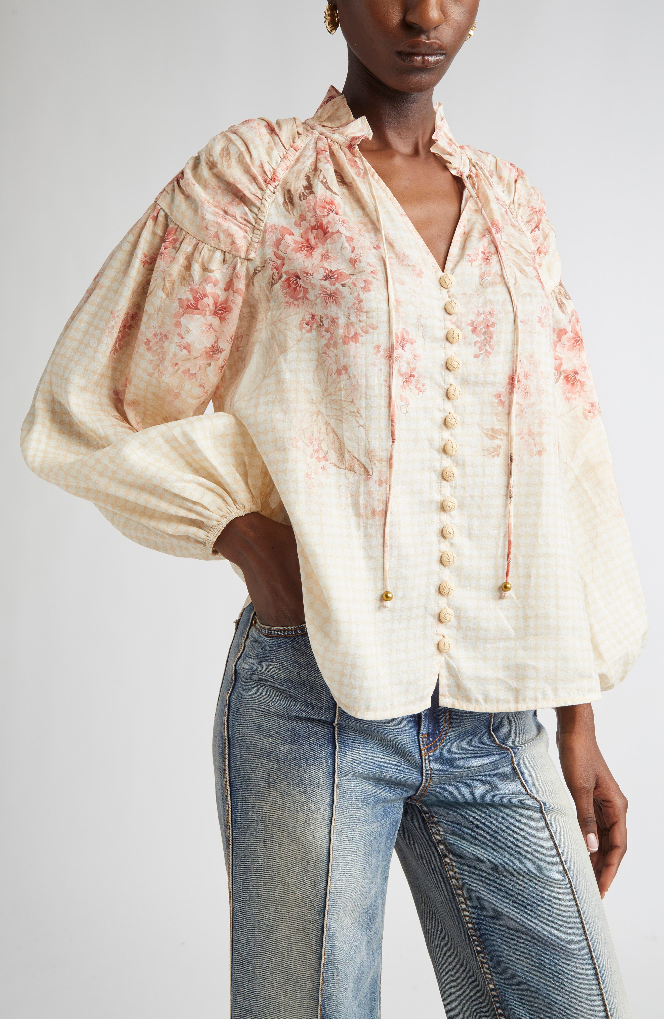 Zimmermann Tropical Floral Billow Ramie Shirt in Coral Floral at Nordstrom - 4